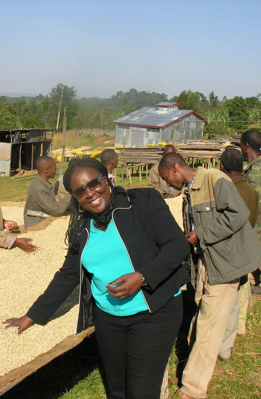 Sandra E. Taylor with a hand in parchment coffee drying on raised beds in Sidamo, Ethiopia, as workers turn the beans behind her